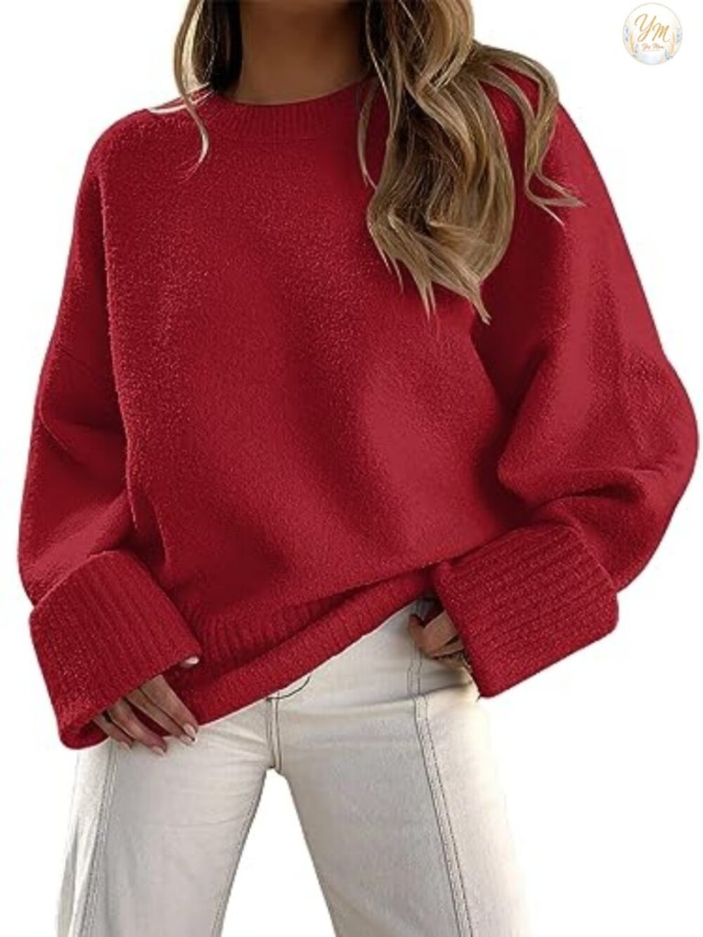 Women's Oversized Warm Knit Sweater 50% Polyester 35% Acrylic Long Sleeve Crew